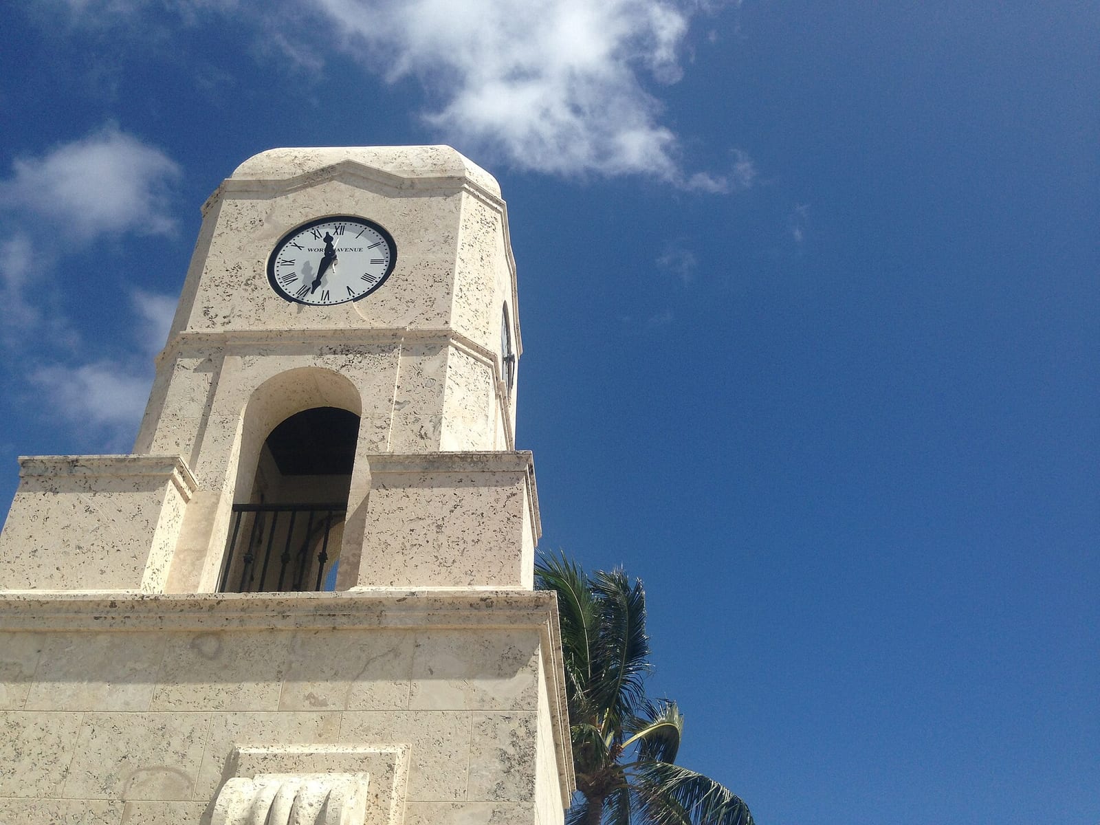 The Worth Avenue clock tower at the ocean end of Worth Avenue in Palm Beach, Florida